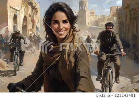 a portrait of a smiling girl and a man ride bicycles through the city 123142481