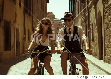 a portrait of a smiling girl and a man ride bicycles through the city 123142482