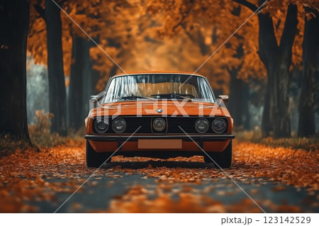 orange car on the road in the autumn forest 123142529