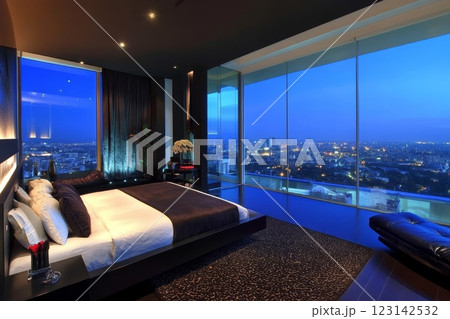 penthouse bedroom at night, dark tones, large windows overlooking the city 123142532