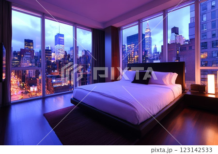 penthouse bedroom at night, dark tones, large windows overlooking the city 123142533