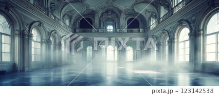 renaissance empty big hall dark gothic light and smoke room 123142538