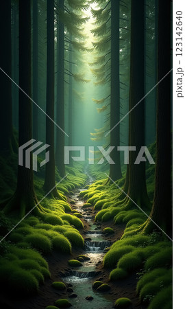 Stunning Green Forest Landscape Phone Wallpaper with Tranquil Stream and Moss 123142640