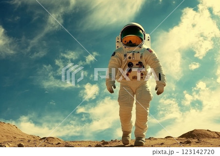 An astronaut in a spacesuit walks on a deserted planet against the backdrop of the cosmic sky 123142720