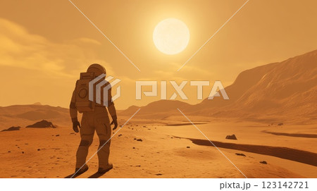 An astronaut in a spacesuit walks on a deserted planet against the backdrop of the cosmic sky 123142721