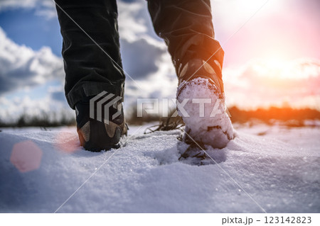 Hiker goes against sky and sun. Hiking concept Hiker goes against sky and sun. Hiking concept 123142823