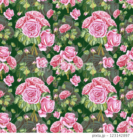 Watercolor roses. Seamless pattern of rose flowers, stems, leaves and buds. The drawing is done in watercolor technique by hand on a colored background. Illustration for your design 123142897