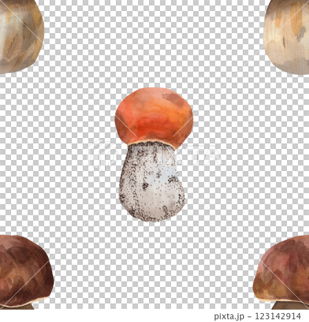 Seamless pattern with porcini and aspen mushrooms. The illustration is made in watercolor technique on an isolated background for your design 123142914
