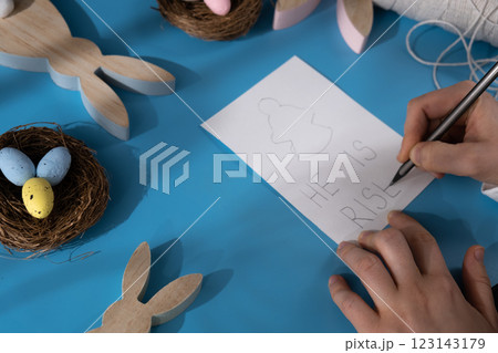 Drawing Easter angel CHRIST IS RISEN words Storytelling of creating craft Easter greeting card holiday present. Tactile hand-on activity. Master class progress of creative me-made gifts. Seasonal Drawing Easter angel CHRIST IS RISEN words Storytelling of creating craft Easter greeting card holiday present. Tactile hand-on activity. Master class progress of creative me-made gifts. Seasonal 123143179