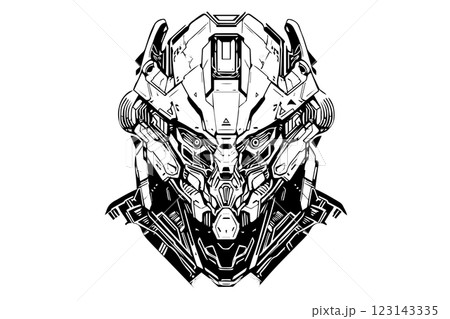 Hand-Drawn AI Robot Cyborg in a Timeless Vintage Engraved Style. Vector Illustration. 123143335