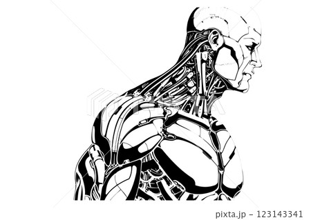 Hand-Drawn AI Robot Cyborg in a Timeless Vintage Engraved Style. Vector Illustration. 123143341