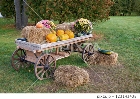 Rustic Fall Display with Pumpkins and Hay Bales 123143438