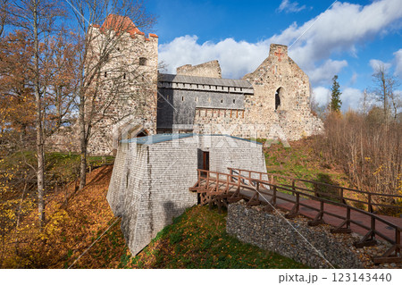 View of old Medieval Castle in Sigulda, Latvia, with Autumn Scenery View of old Medieval Castle in Sigulda, Latvia, with Autumn Scenery 123143440