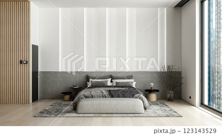 Modern Minimalist Bedroom Interior with City View and Cozy Interior Design, 3D Rendering 123143529