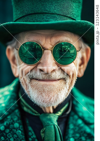 portrait of an elderly man with a beard wearing a green hat cylinder and suit, St. Patrick's Day 123143648