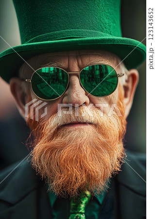 portrait of an elderly man with a beard wearing a green hat cylinder and suit, St. Patrick's Day 123143652