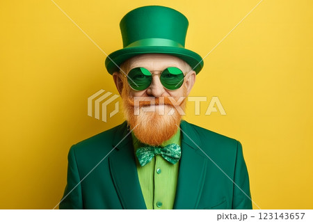 portrait of an elderly man with a beard wearing a green hat cylinder and suit, St. Patrick's Day 123143657