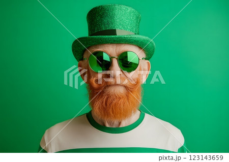 portrait of an elderly man with a beard wearing a green hat cylinder and suit, St. Patrick's Day 123143659