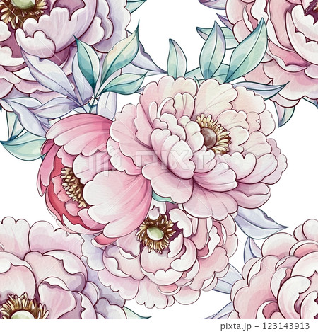 Vibrant peonies burst forth in soft pink and white tones, surrounded by gentle green leaves, exuding elegance and charm seamless pattern, background Vibrant peonies burst forth in soft pink and white tones, surrounded by gentle green leaves, exuding elegance and charm seamless pattern, background 123143913