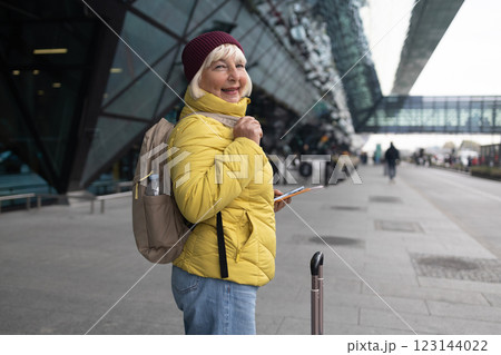 International airport terminal. Asian beautiful woman with luggage and walking in airport 123144022