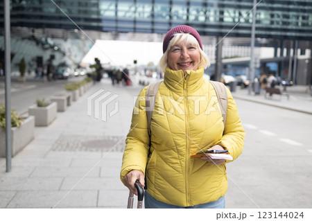 International airport terminal. Asian beautiful woman with luggage and walking in airport 123144024