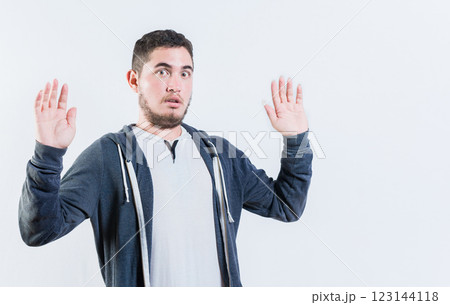 Scared man with raised hands isolated. Person with scared face with raised hands Scared man with raised hands isolated. Person with scared face with raised hands 123144118