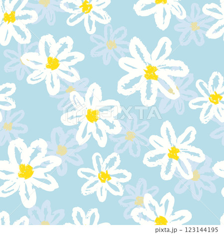 Seamless daisy pattern. Vector floral background with white chamomiles on blue 123144195