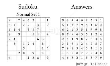Sudoku Puzzle 9x9 Set 1 Normal with Answers, Fun Brain Training Game for Kids, Teens and Adults, Vector Sudoku Puzzle 9x9 Set 1 Normal with Answers, Fun Brain Training Game for Kids, Teens and Adults, Vector 123144337