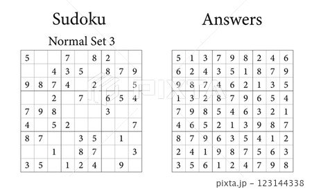 Sudoku Puzzle 9x9 Set 3 Normal with Answers, Fun Brain Training Game for Kids, Teens and Adults, Vector 123144338