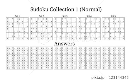 Sudoku Puzzle Normal 9x9 Collection 1, 5 Sets, with Answers, Fun Brain Training Game for Kids, Teens and Adults, Vector Sudoku Puzzle Normal 9x9 Collection 1, 5 Sets, with Answers, Fun Brain Training Game for Kids, Teens and Adults, Vector 123144343