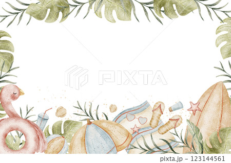 Watercolor frame flamingo, monstera leaves, palm trees, beach accessories for rest, travel. Illustration hand-drawn design templates invitation cards, posters, congratulations, packaging, rectangular 123144561