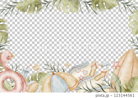 Watercolor frame flamingo, monstera leaves, palm trees, beach accessories for rest, travel. Illustration hand-drawn design templates invitation cards, posters, congratulations, packaging, rectangular 123144561