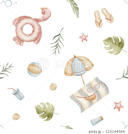 Pattern flamingo pink, beach accessories, tropical leaves monstera. Seamless watercolor summer print. Illustrations are hand-drawn design children's textiles, fabrics, packaging, clothes, wallpapers 123144564