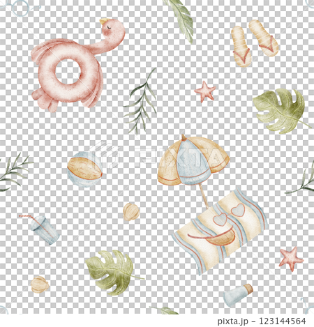 Pattern flamingo pink, beach accessories, tropical leaves monstera. Seamless watercolor summer print. Illustrations are hand-drawn design children's textiles, fabrics, packaging, clothes, wallpapers 123144564