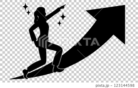 一位女士指著一個向上的箭頭的輪廓插圖 一位女士指著一個向上的箭頭的輪廓插圖 123144598
