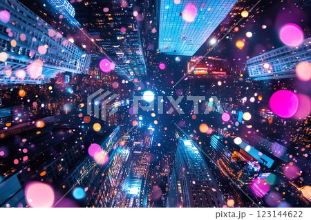 Colorful urban cityscape at night with vibrant lights and skyscrapers. Colorful urban cityscape at night with vibrant lights and skyscrapers. 123144622