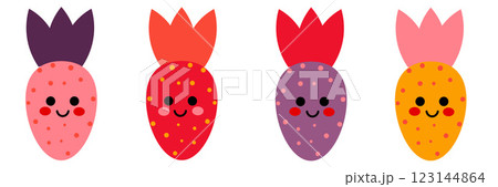 Set of Cute Colorful Strawberries with Smiling Faces 123144864
