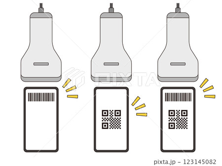 スマートフォンとスキャナーでコード決済をするイメージイラストのセット_主線 123145082