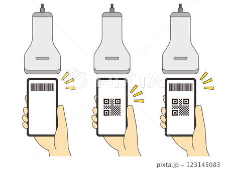スマートフォンとスキャナーでコード決済をするイメージイラストのセット_手あり_主線 123145083