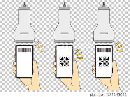スマートフォンとスキャナーでコード決済をするイメージイラストのセット_手あり_主線 123145083