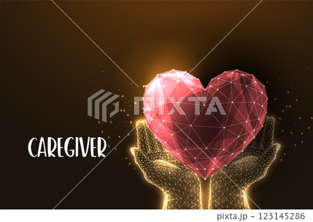Kindness, caregiving, compassion, and support concept with glowing golden hands holding red heart.  123145286