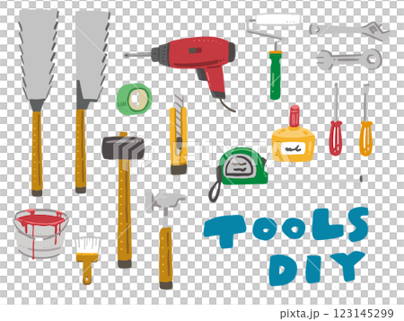 いろいろな工具や道具のポップな手描き風イラストセット 123145299