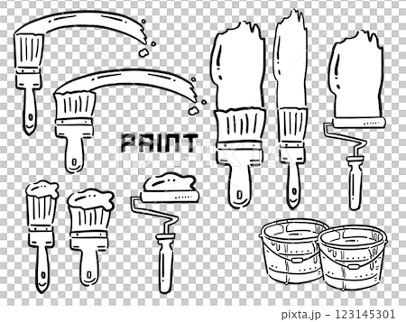 Paint brush, roller and bucket line drawing illustration set 123145301