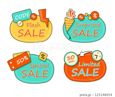 Set of Sale Badges for Discount and Special Promotion with Cute Hand Drawn Elements for Marketing Concept Clip Art Set of Sale Badges for Discount and Special Promotion with Cute Hand Drawn Elements for Marketing Concept Clip Art 123146054
