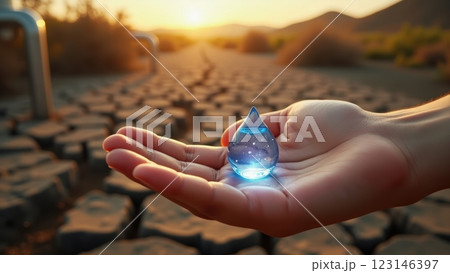 Gentle Hand Holding a Water Drop at Sunset 123146397
