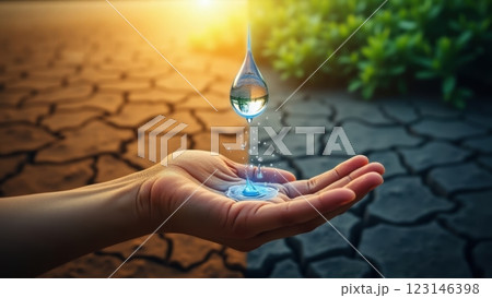 Glowing Water Drop on Hand in Natural Setting 123146398