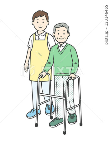 歩行器の高齢男性と介助をする若い男性のイラスト 123146465