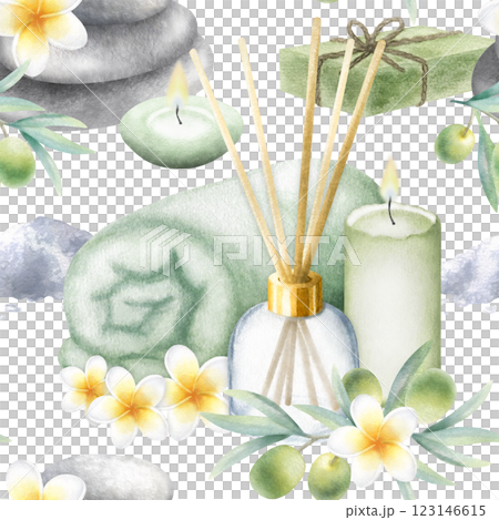 Olive soap aleppo, sea salt, towel, candles, aroma diffuser, stack pebbles, frangipani flowers and olive branches. Hand drawn watercolor isolated seamless pattern for packaging and spa salon design. Olive soap aleppo, sea salt, towel, candles, aroma diffuser, stack pebbles, frangipani flowers and olive branches. Hand drawn watercolor isolated seamless pattern for packaging and spa salon design. 123146615