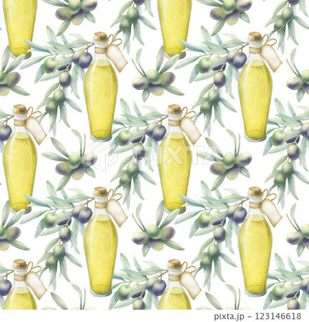 Olive oil in glass bottle with label and cork. Olive branches with green and black olives. Watercolor isolated seamless pattern. Hand drawn botanical illustration for kitchen textile, food packaging. 123146618