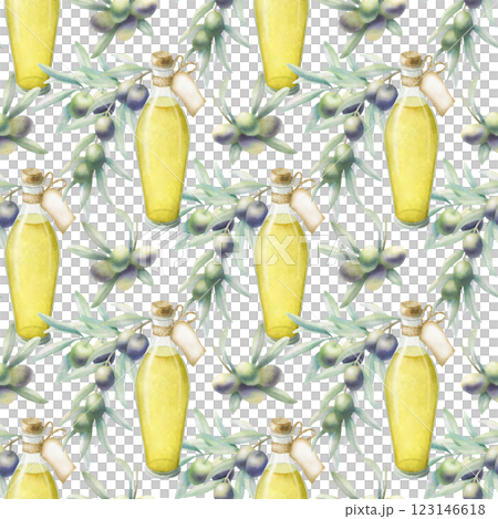 Olive oil in glass bottle with label and cork. Olive branches with green and black olives. Watercolor isolated seamless pattern. Hand drawn botanical illustration for kitchen textile, food packaging. 123146618